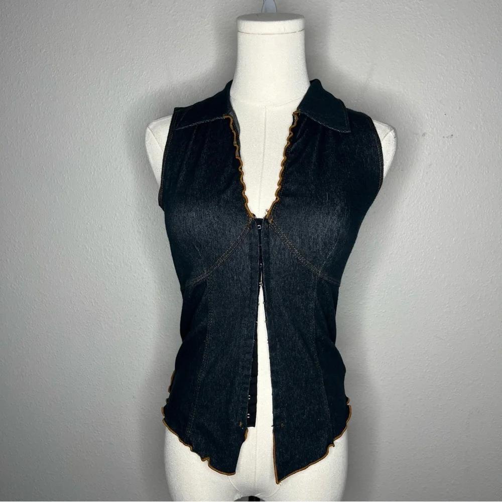 Y2K Vintage Moa Moa Demin Collared V Neck Corset Top Boho Western Going Out - Picture 2 of 8